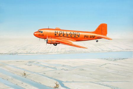 Douglas DC-3 KLM PH-ASP vliegend boven sneeuw 25 cm